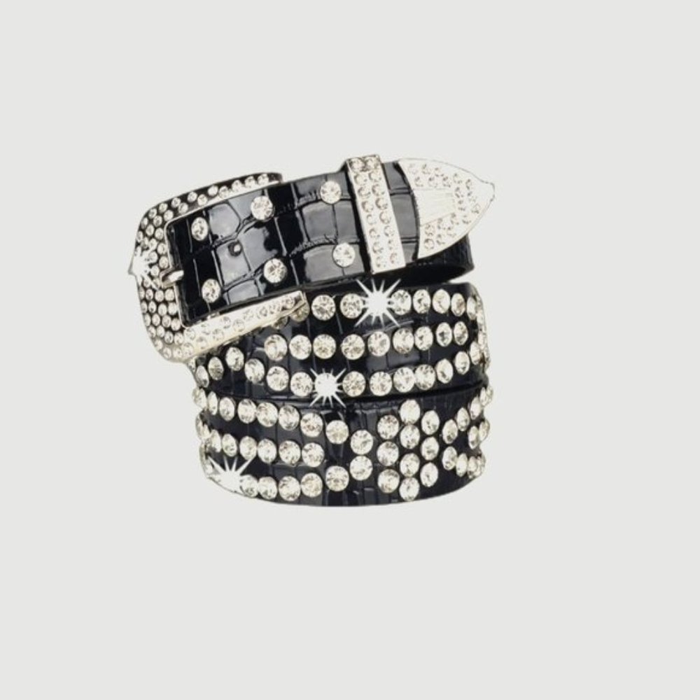 Black Vegan Crocodile Embossed Rhinestone Decor Belt